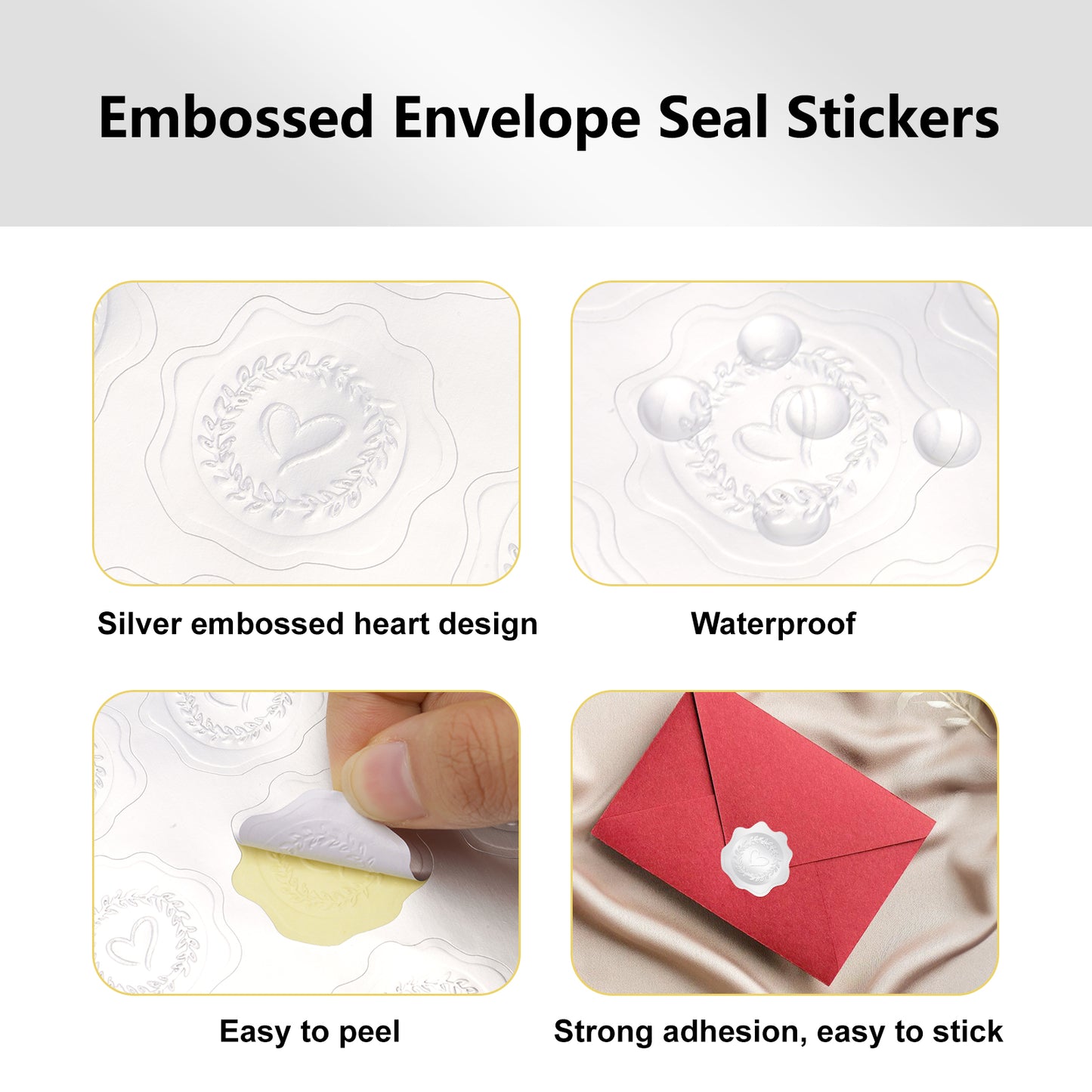 G2PLUS 300PCS Silver Embossed Stickers, Heart Envelope Seals Stickers, Silver Embossed Wax Seal Looking Heart Envelope Seals, Silver Foil Heart and Garland Stickers for Wedding, Birthday Party Favors