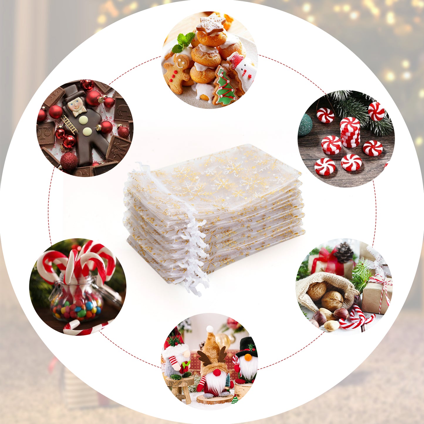 G2PLUS Christmas Drawstring Organza Bags, 50PCS Snowflake Organza Gift Bags, Gold Christmas Organza Bags 4x6, Mesh Sheer Organza Pouches, Xmas Winter Holiday Organza Bags for Jewelry, Candy, Goodies