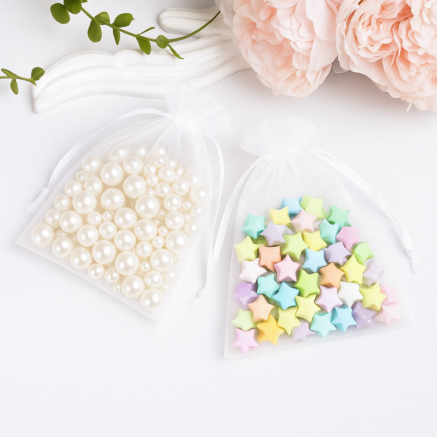 G2PLUS 25PCS White Organza Bags 5x7 inches, Sheer Mesh Jewelry Pouches, Organza Gift Bags with Drawstring for Candy, Jewelry, Wedding Party Favors