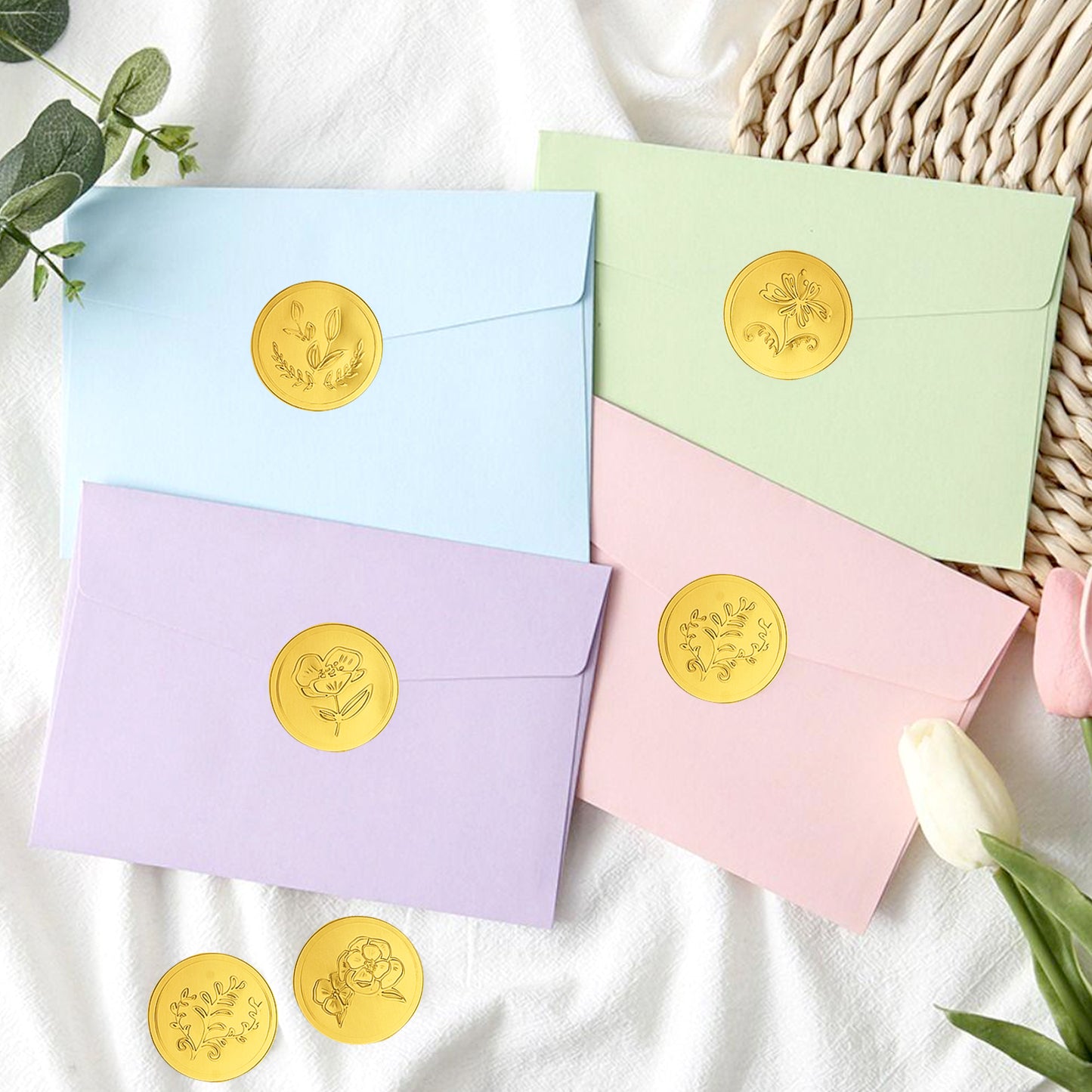 G2PLUS 300PCS Embossed Gold Foil Stickers, Gold Embossed Wax Seal Sticker Looking, 5 Styles Gold Embossed Plants Floral Envelope Seals Stickers for Wedding, Birthday, Baby Shower Party Favors
