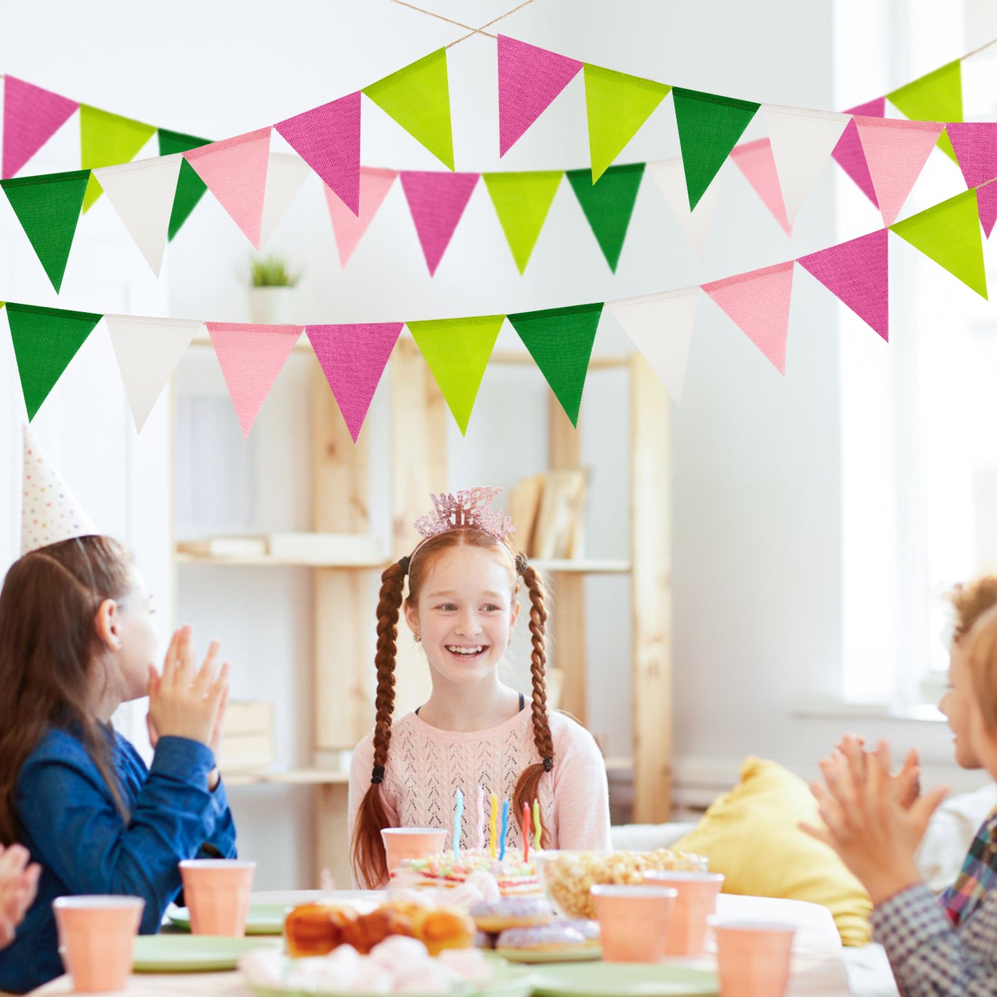 G2PLUS Pre-Strung Burlap Pennant Banners, 39Ft Pink and Green Fabric Triangle Flag Bunting, 36Pcs Pennant Banner Flags Garland for Birthday, Holidays and Theme Party Decorations