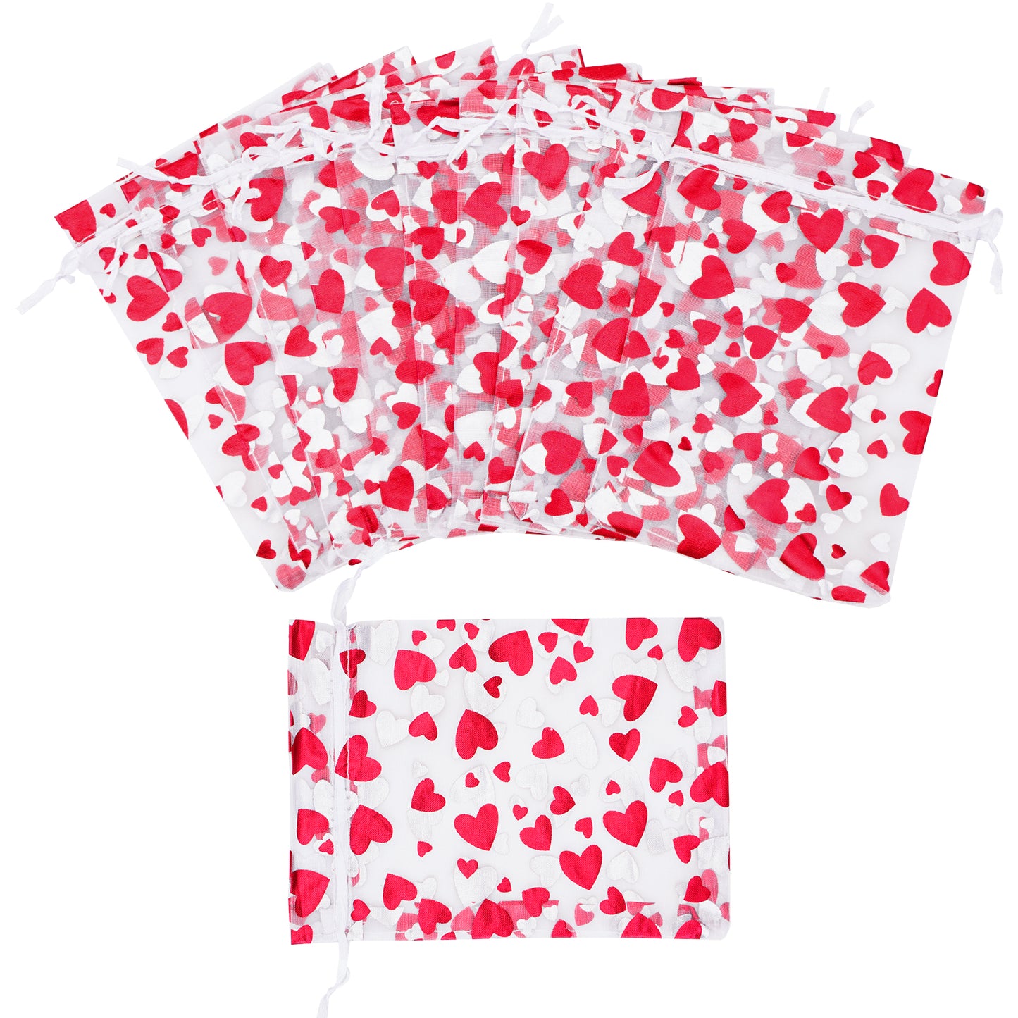 G2PLUS Heart Organza Bags, 4''x6'' Organza Gift Bags, 50PCS Drawstring Sheer Organza Gift Bags, Organza Mesh Jewelry Pouches, Candy Bags for Easter, Mother's Day, Wedding Party Favors (White Red)
