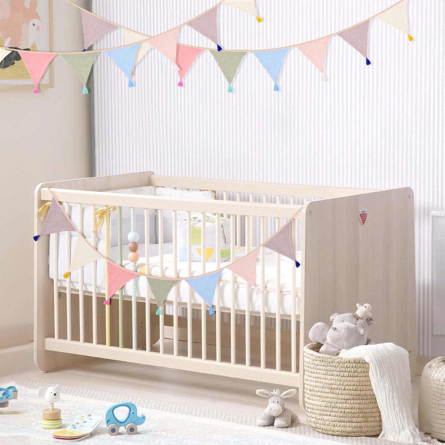 Pre-strung Cotton Fabric Bunting Banner, 9Ft Morandi Triangle Pennant Banner Flag, Double-Sided Bunting Garland with Tassels for Birthday, Nursery, Baby Shower, Classroom Hanging Decor