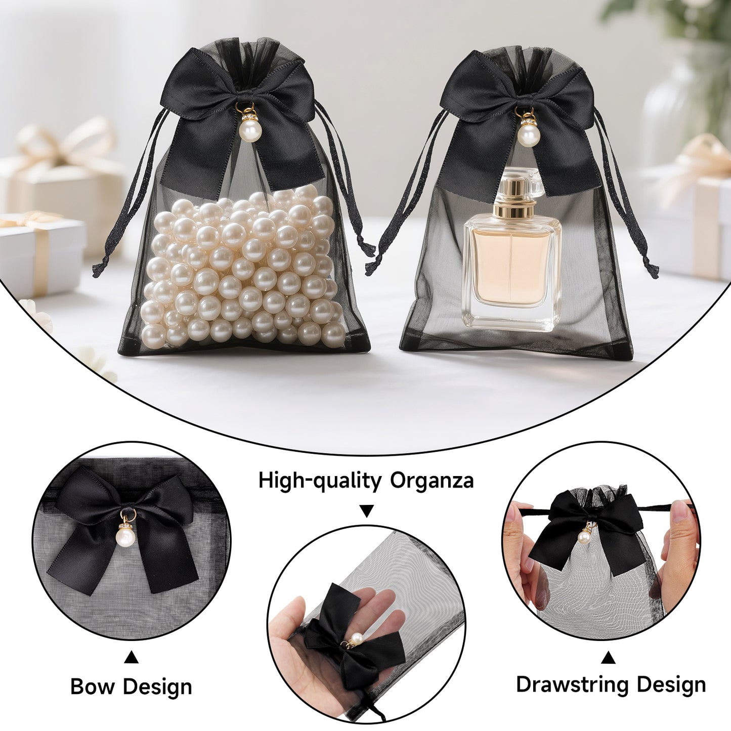 G2PLUS 30Pcs Organza Bags with Bow-4x6 In Black Wedding Favor Bags, Sheer Mesh Jewelry Pouches with Drawstring for Bridal Shower, Baby Shower, Valentine's Day Party Favors