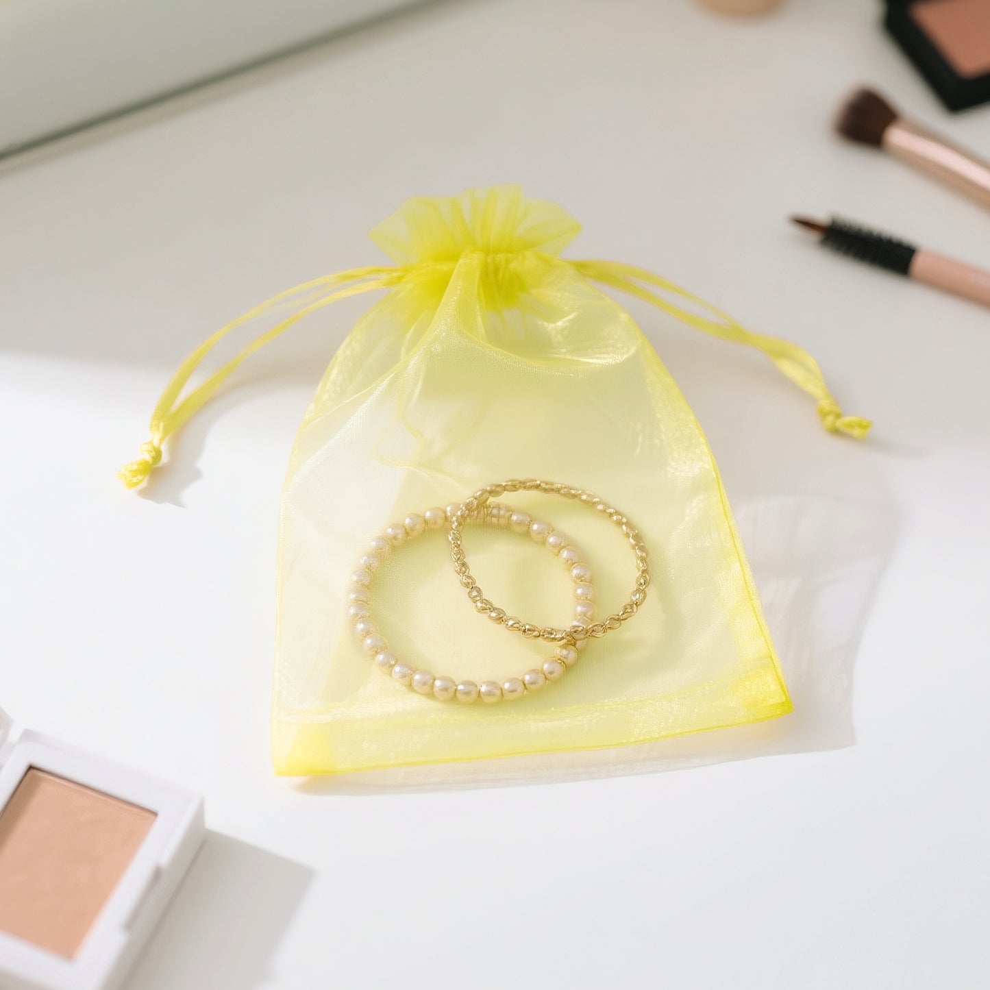 G2PLUS 25PCS Yellow Organza Bags 5x7 inches - Sheer Mesh Jewelry Pouches, Organza Gift Bags with Drawstring for Candy, Jewelry, Wedding Party Favors
