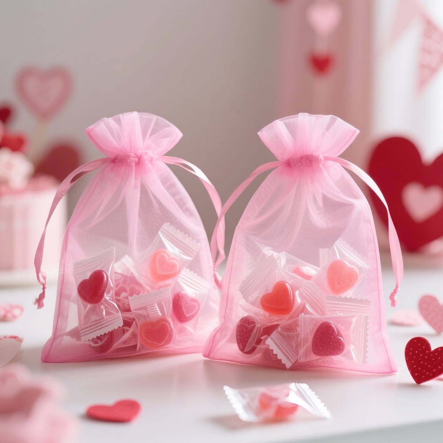 G2PLUS 25PCS Pink Drawstring Organza Bags 5x7 inches, Sheer Mesh Jewelry Pouches, Organza Gift Bags for Candy, Jewelry, Wedding Party Favors