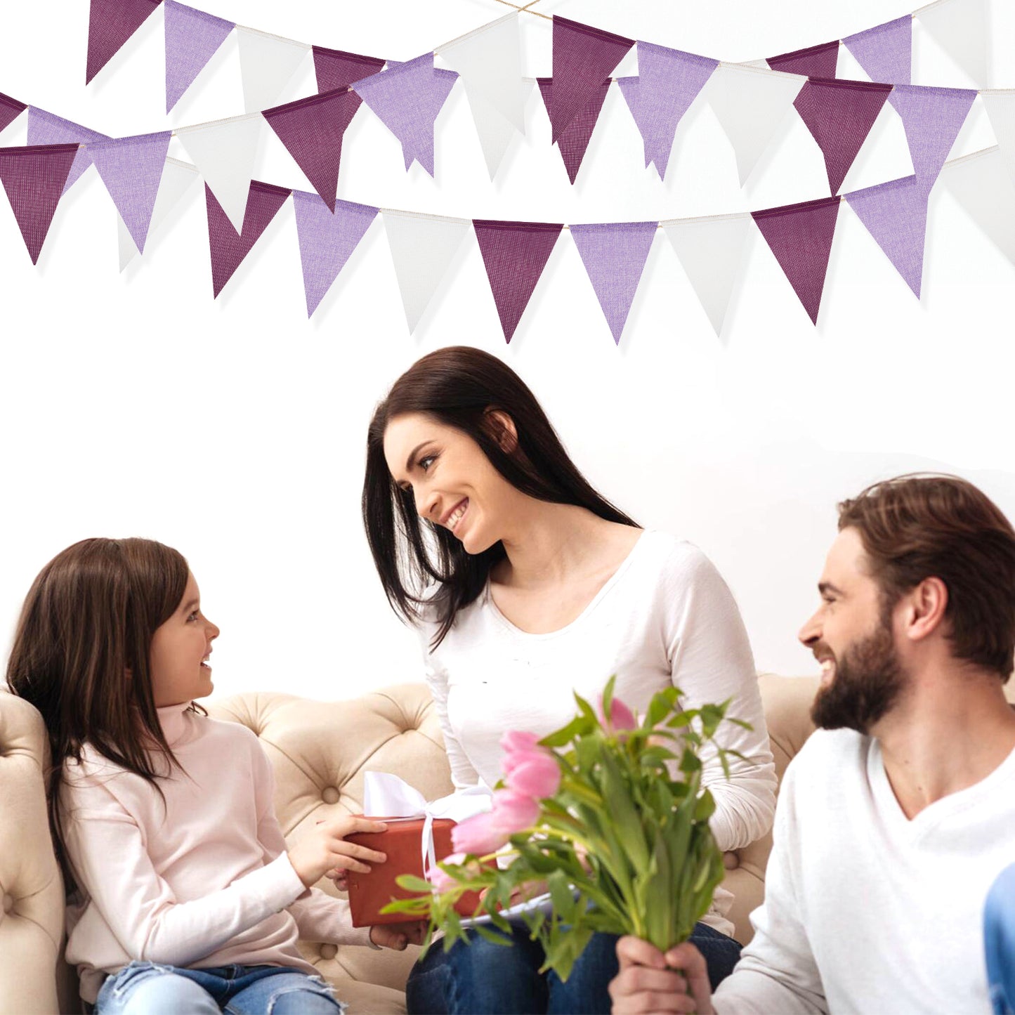 G2PLUS Pre-Strung Burlap Pennant Banners, 39Ft Purple Fabric Triangle Flag Bunting, 36Pcs Pennant Banner Flags Garland for Birthday, Wedding, Baby Shower and Theme Party Decorations