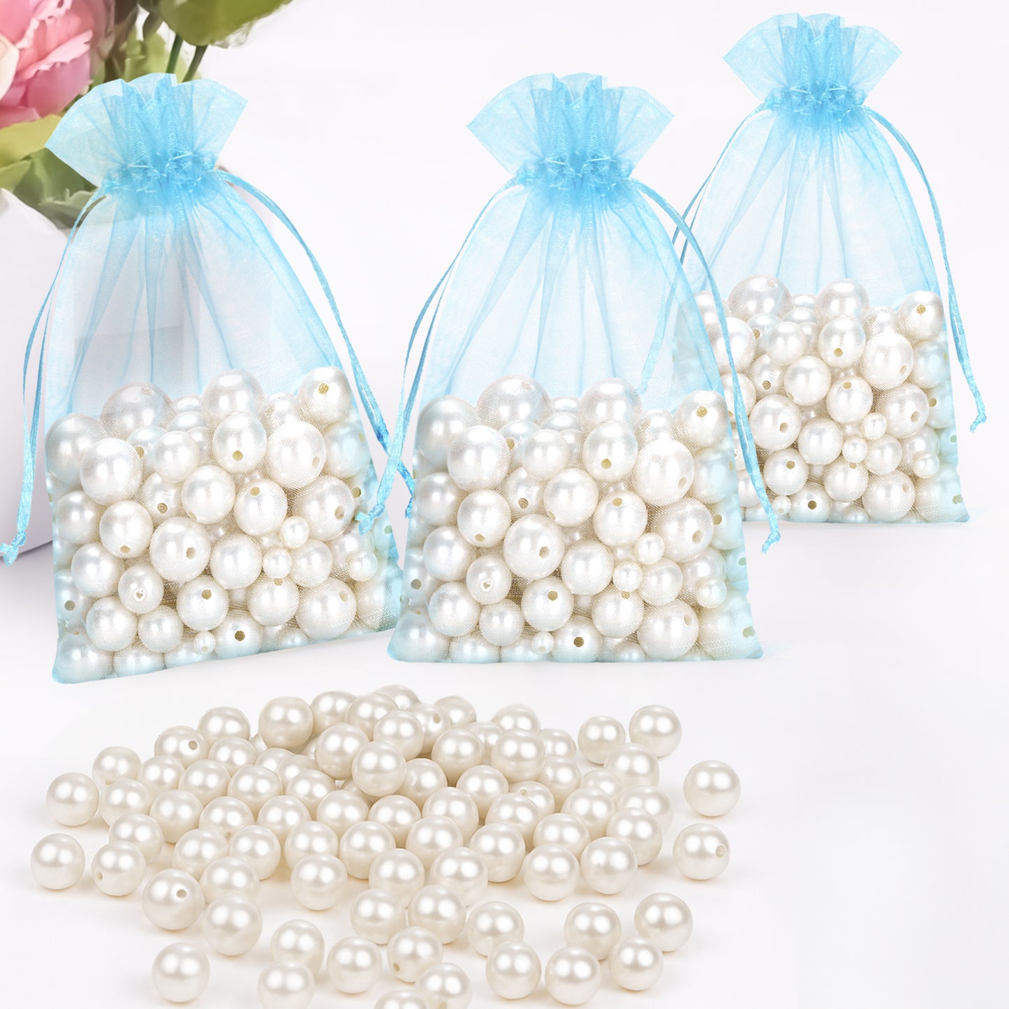 G2PLUS 25PCS Blue Organza Bags 5x7 inches - Sheer Mesh Jewelry Pouches, Baby Blue Organza Gift Bags with Drawstring for Candy, Jewelry, Wedding Party Favors