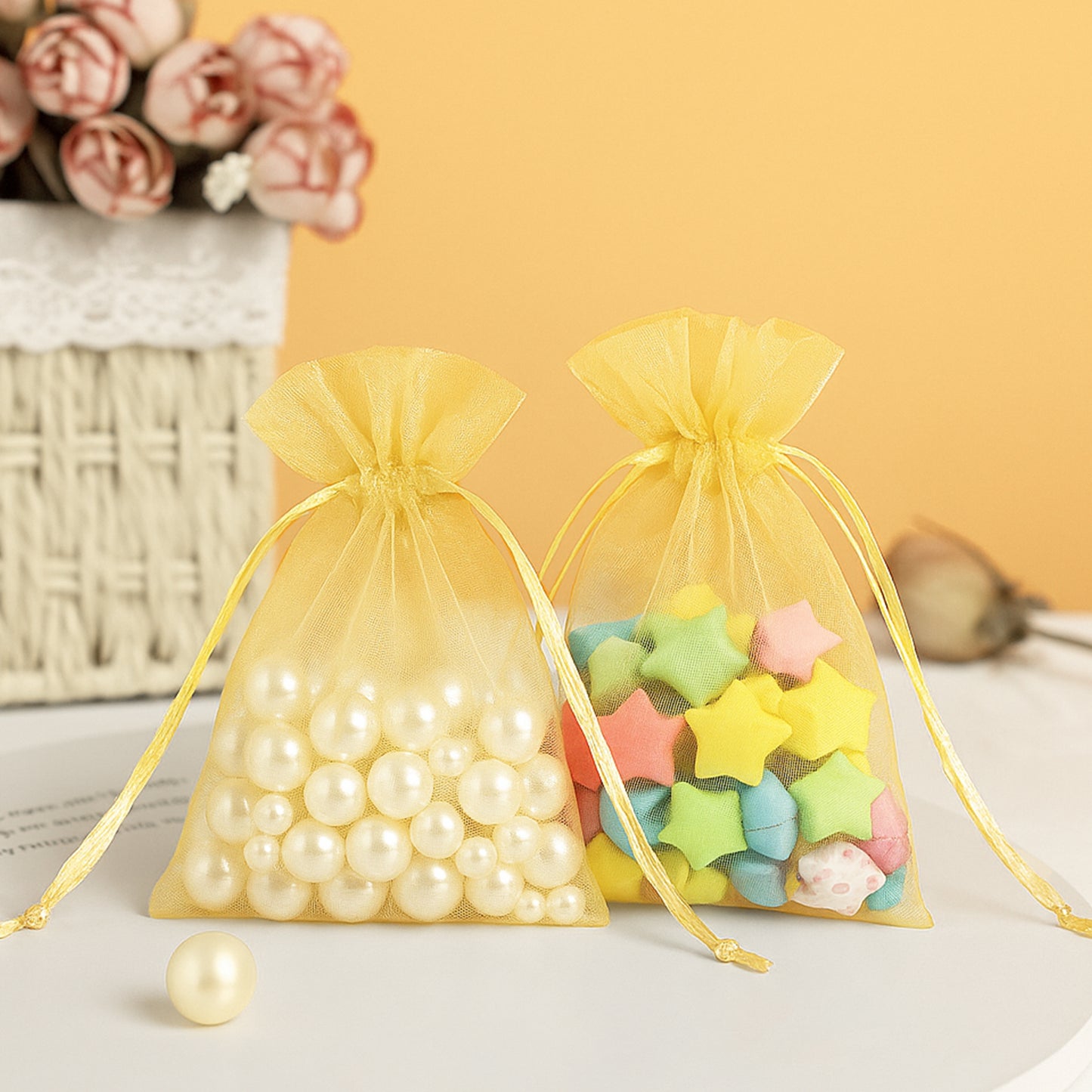 G2PLUS 25PCS Gold Organza Bags 5x7 inches, Sheer Mesh Jewelry Pouches, Organza Gift Bags with Drawstring for Candy, Jewelry, Wedding Party Favors
