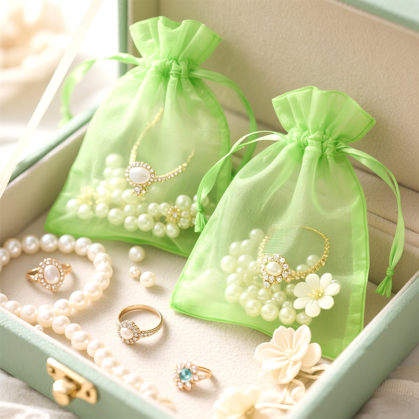 G2PLUS 25PCS Drawsring Organza Bags 5x7 inches - Light Green Organza Gift Bag, Sheer Mesh Pouches for Candy, Jewelry, Fruits, Wedding Party Favors