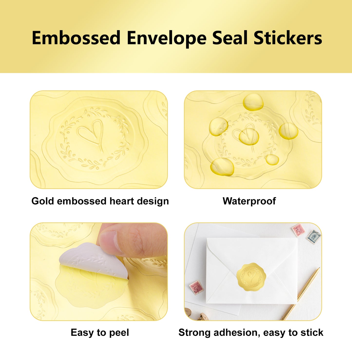 G2PLUS 300PCS Embossed Gold Foil Stickers, Gold Heart Envelope Seals Stickers, Gold Embossed Wax Seal Looking Heart Envelope Seals, Gold Heart and Garland Stickers for Envelope Seals, Cards, Invites