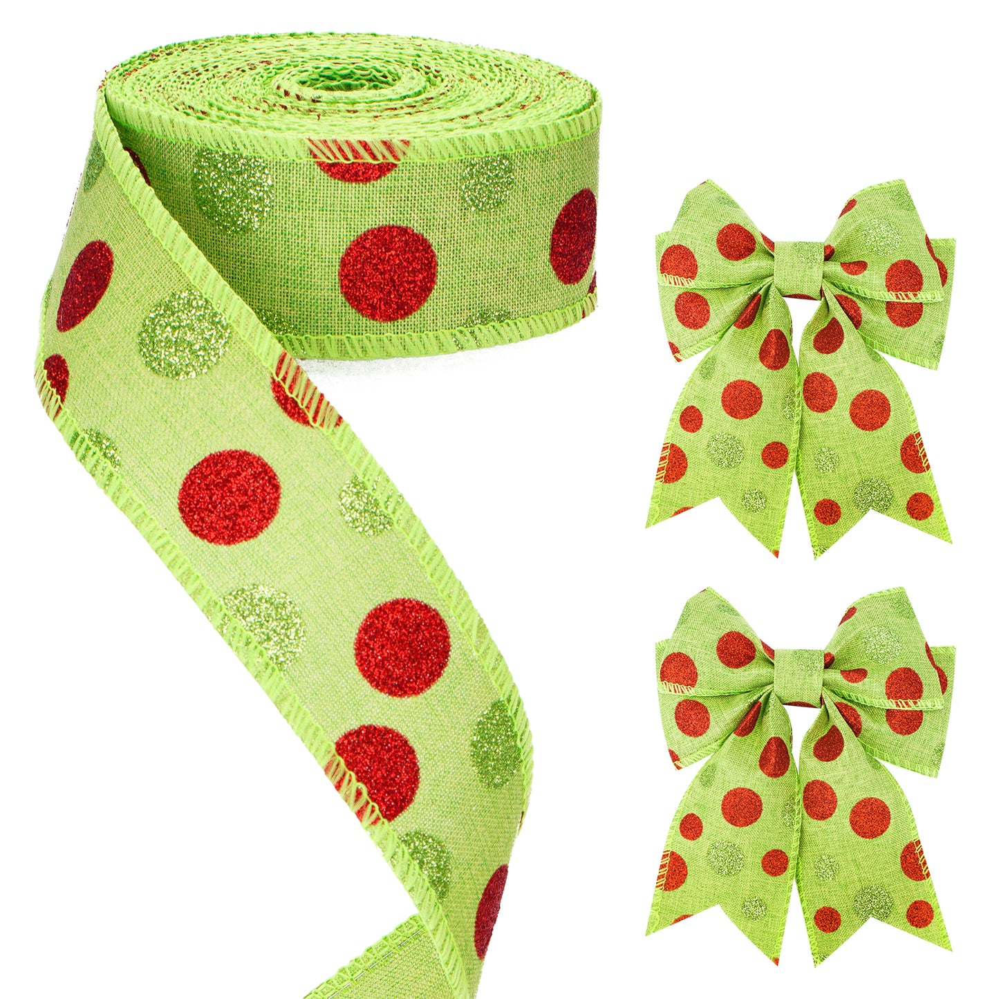 G2PLUS 40mm Wired Burlap Ribbon, 10M Christmas Wired Ribbon for Wreaths, Christmas Ribbon for Gift Wrapping, Green Ribbon with Red Dots for Bows and Christmas Wreaths Project