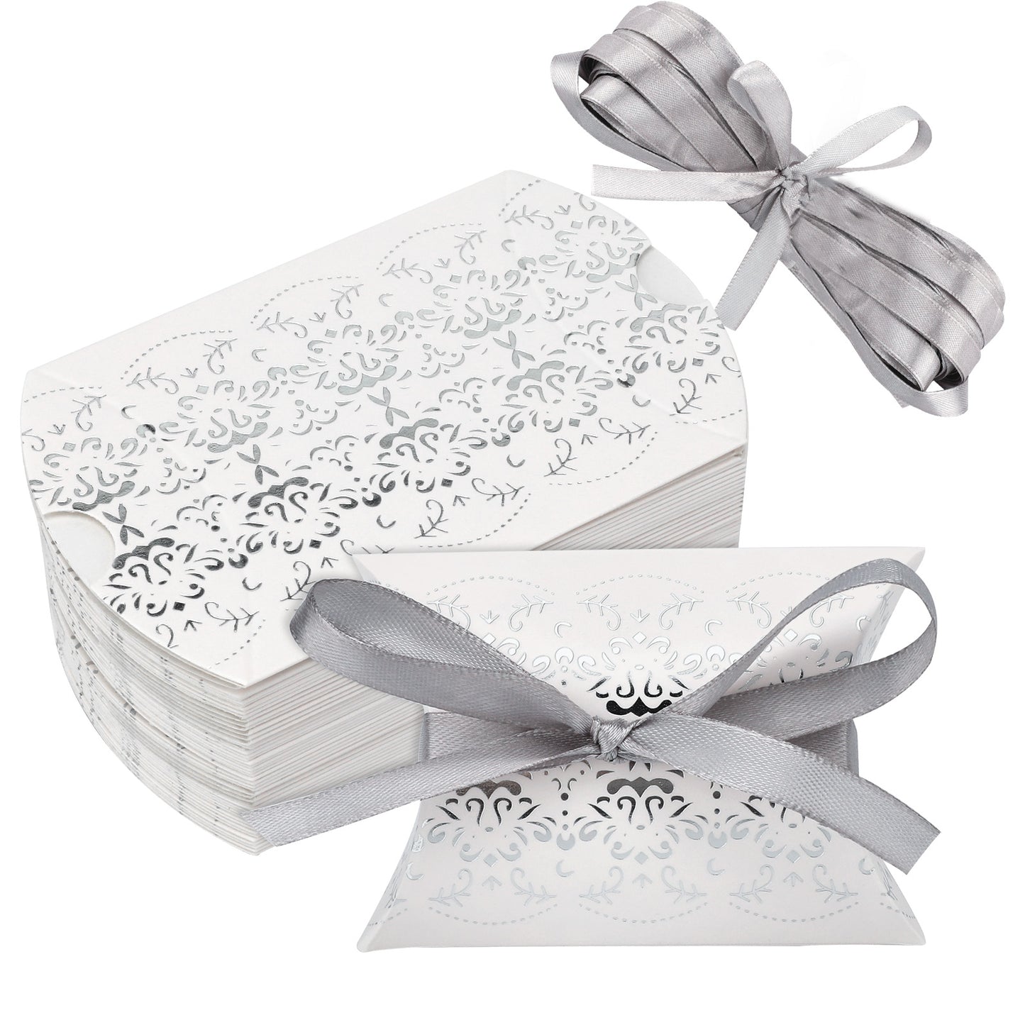 G2PLUS 50PCS Wedding Favour Candy Boxes - Small Pillow Gift Box with Ribbon - Silver Pillow Candy Boxes for Wedding Party Birthday Decoration