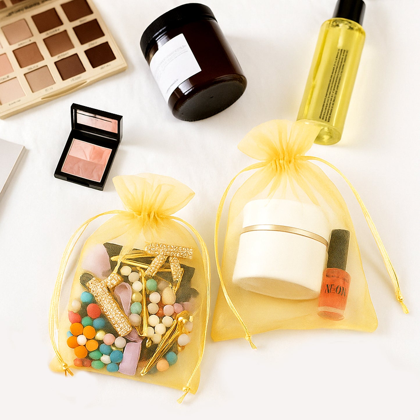 G2PLUS 25PCS Gold Organza Bags 5x7 inches, Sheer Mesh Jewelry Pouches, Organza Gift Bags with Drawstring for Candy, Jewelry, Wedding Party Favors