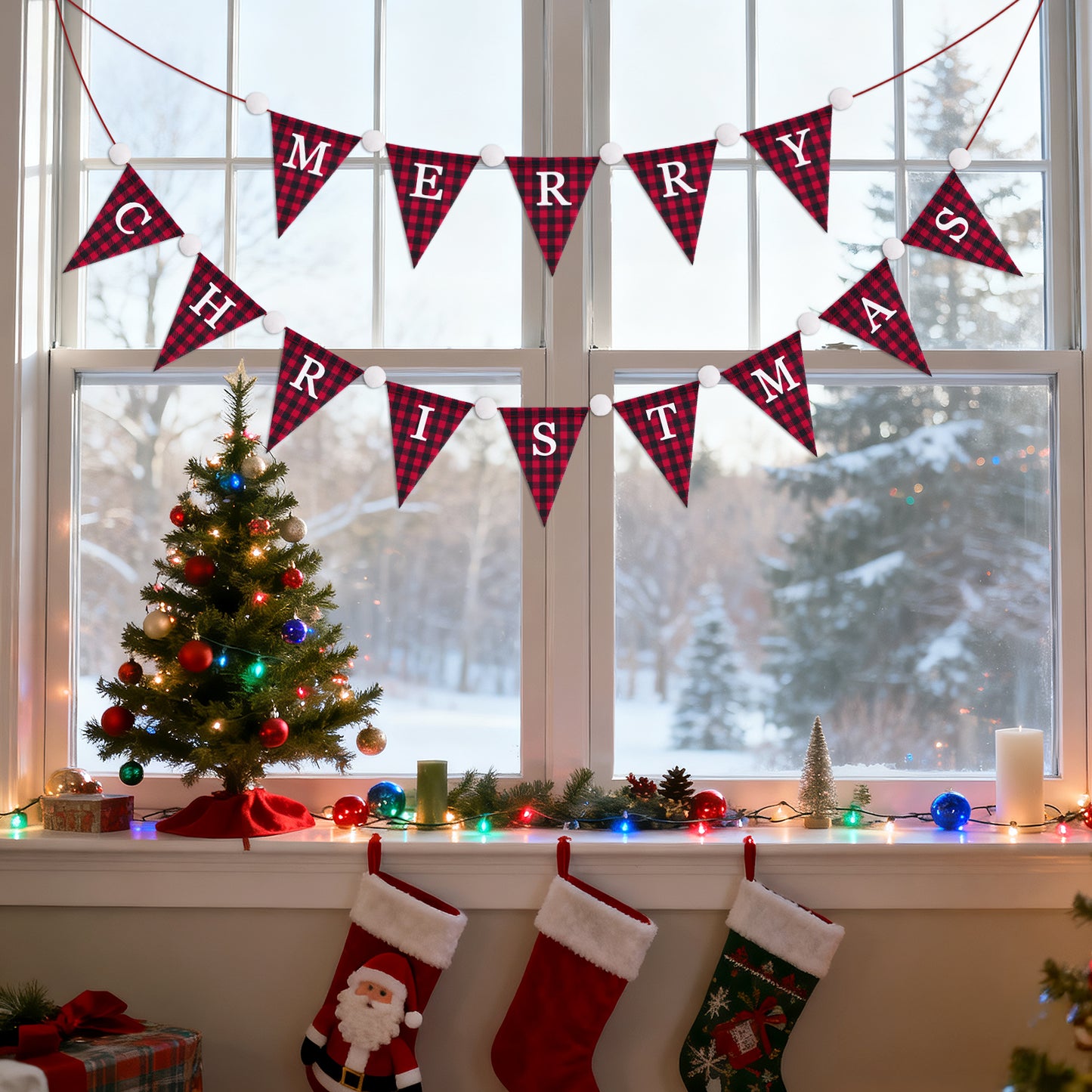G2PLUS Merry Christmas Burlap Banner, 19.6Ft Red and Black Buffalo Plaid Banner, Pre-strung Triangle Pennant Flag Garland Bunting for Holiday Party, Fireplace Wall, Xmas Home Decorations