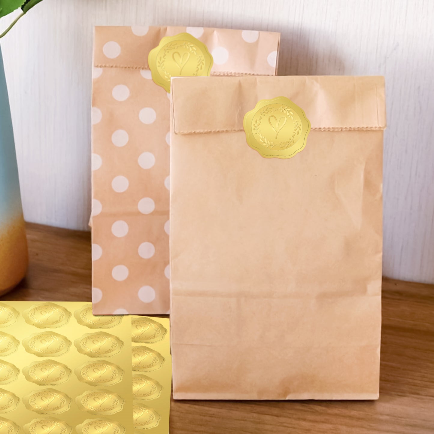 G2PLUS 300PCS Embossed Gold Foil Stickers, Gold Heart Envelope Seals Stickers, Gold Embossed Wax Seal Looking Heart Envelope Seals, Gold Heart and Garland Stickers for Envelope Seals, Cards, Invites