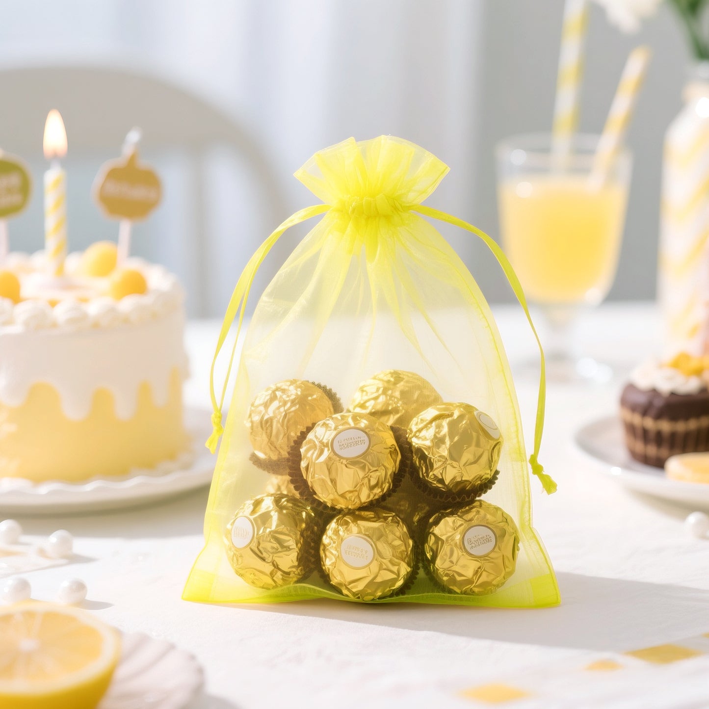 G2PLUS 25PCS Yellow Organza Bags 5x7 inches - Sheer Mesh Jewelry Pouches, Organza Gift Bags with Drawstring for Candy, Jewelry, Wedding Party Favors