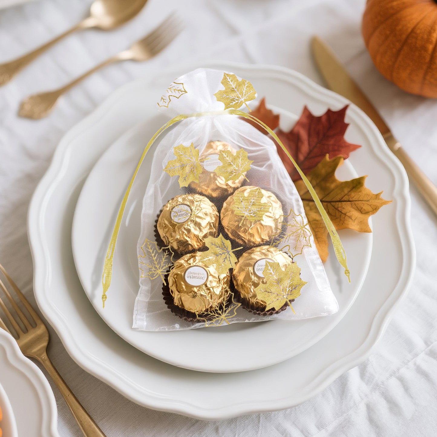 G2PLUS 50Pcs Fall Organza Drawstring Bags 4x6 In - Thanksgiving Organza Bags, White Sheer Mesh Pouches, Gold Maple Leaves Candy Treat Bags for Wedding, Baby Shower, Autumn Holiday Party Favors
