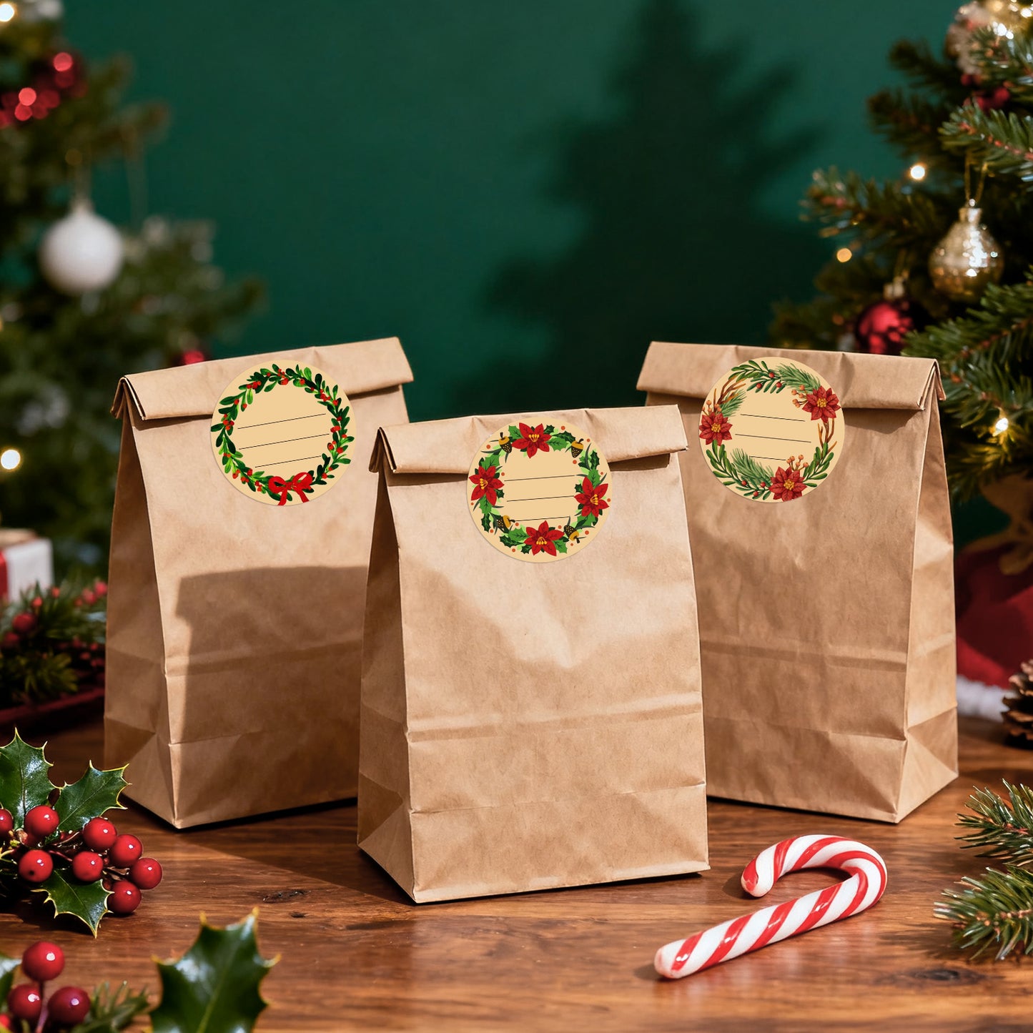 G2PLUS 120Pcs Christmas Gift Stickers - 2 Inch Round Kraft Paper Christmas Holiday Wreath Labels Stickers for Gift Wrapping, Party Favors, DIY Crafts