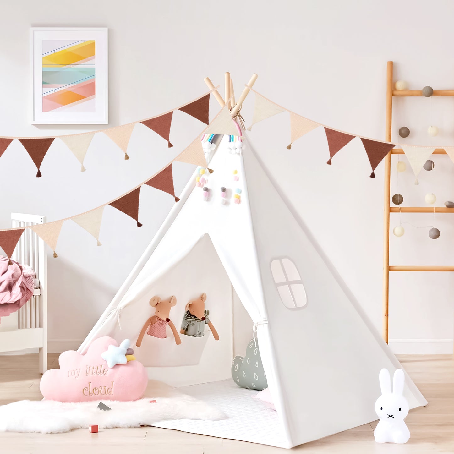 G2PLUS Cotton Fabric Bunting Banner, 9Ft Khaki Triangle Pennant Banner Flag, 12pcs Double-Sided Bunting Garland with Tassels for Birthday Party, Wedding, Holiday, Classroom Hanging Decor
