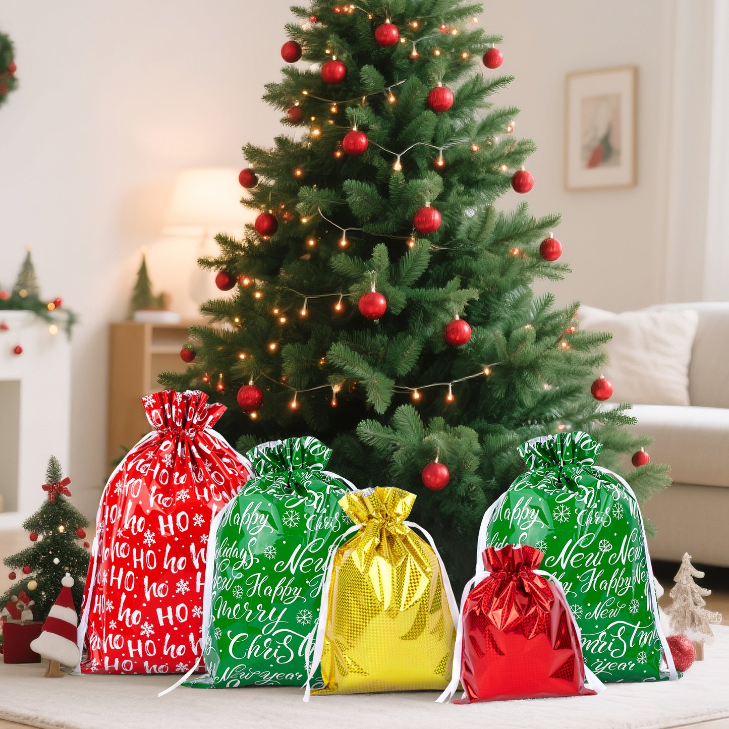 G2PLUS 20PCS Christmas Drawstring Gift Bags Assorted Sizes - 4 Designs Aluminum Foil Christmas Bags with Ribbon, Present Wrapping Pouches for Packages, Holidays, Birthday Party
