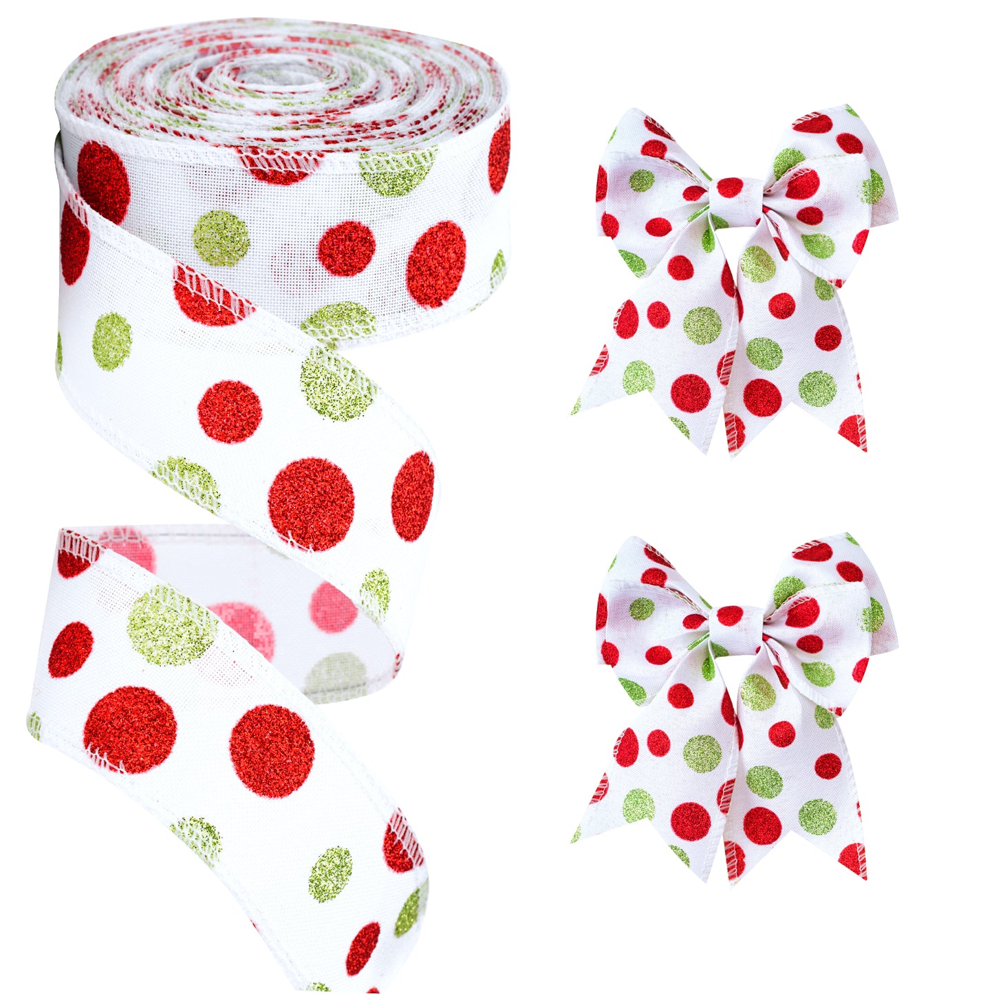 G2PLUS 40mm Wired Burlap Ribbon, 10M Christmas Wired Ribbon for Wreaths, Christmas Ribbon for Gift Wrapping, White Ribbon with Red and Green Dots for Bows and Christmas Wreaths Project
