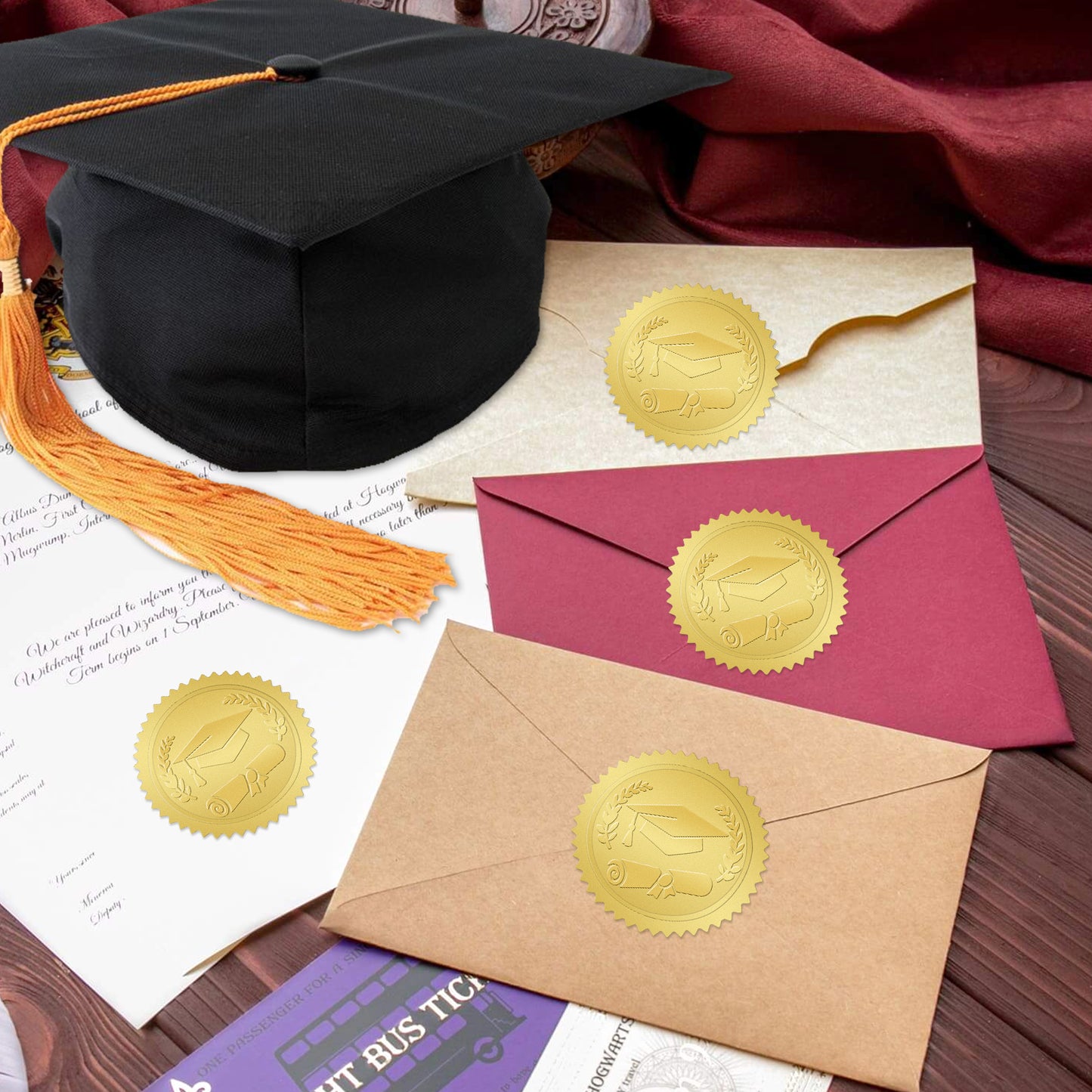 G2PLUS Gold Embossed Graduation Stickers, 300PCS Gold Foil Graduation Cap Stickers, 1.5in Graduation Envelope Seal Stickers, Class of 2025 Label for Diplomas Certificates Congrats Grad Party Favors