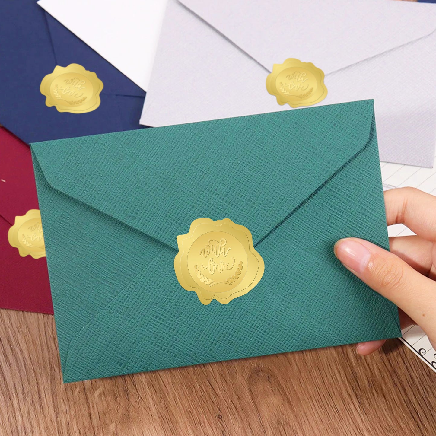 G2PLUS 300PCS Wedding Embossed Stickers, Embossed with Love Stickers, Embossed Gold Foil Stickers, Gold Embossed Wax Seal Looking Envelope Seals for Wedding, Birthday, Baby Shower Party Favors