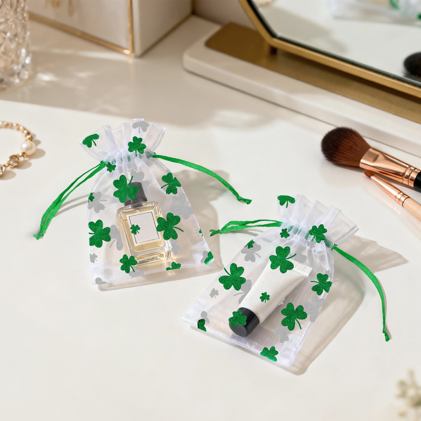 G2PLUS 50PCS St.Patrick's Day Gift Bags Organza 3x4in, Green Foil Shamrock Sheer Mesh Organza Pouches with Drawstring for St.Patrick's Day Party Favors, Candy Gift Bags & Wedding Favors