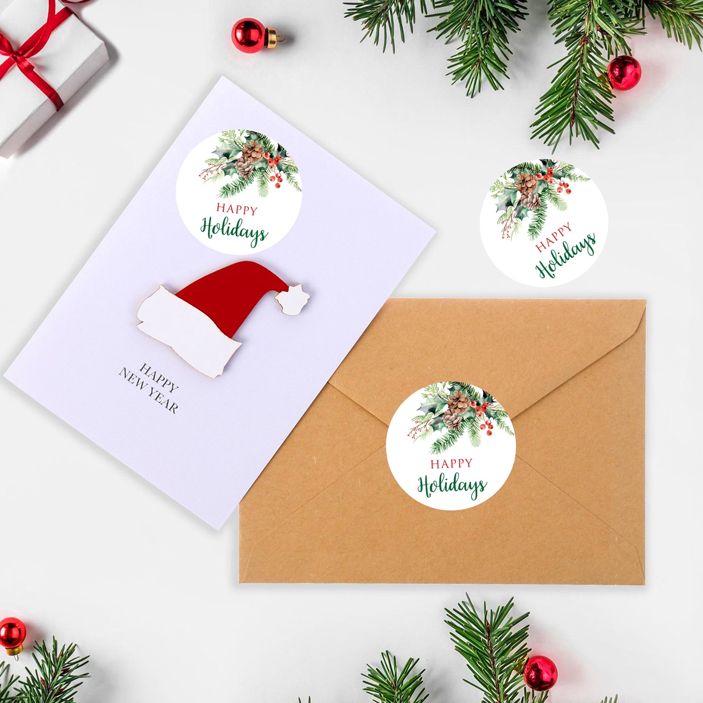 G2PLUS Happy Holiday Stickers, 120PCS Christmas Holiday Stickers, 2'' Round Holiday Gift Stickers, Holiday Season Gift Tag Stickers, Xmas Holly Berry Labels Winter Holiday Seasonal Envelope Seals