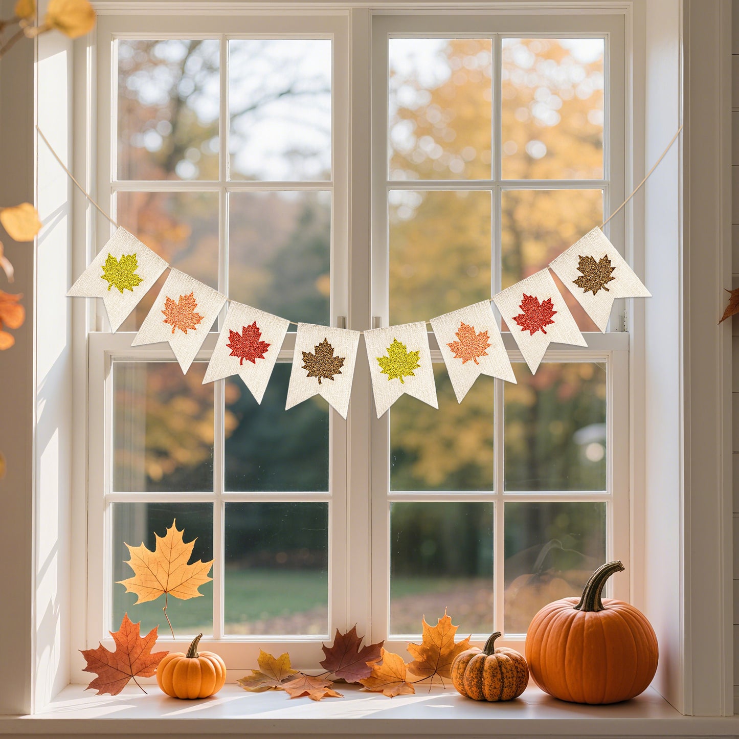 G2PLUS Glitter Maple Leaf Burlap Banner – 9.8Ft Fall Bunting Garland, Pre-Strung Rustic Hanging Banner Flag for Thanksgiving Decor, Harvest Festival and Fall Wedding