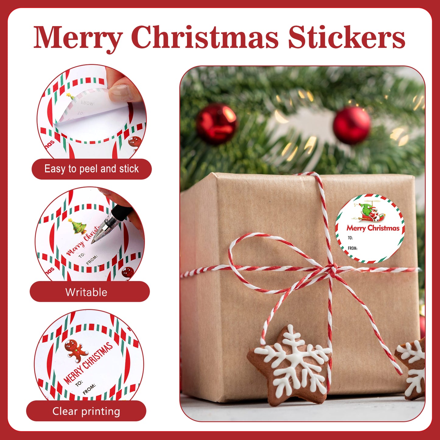 G2PLUS 120PCS Merry Christmas Stickers, 2'' Round Christmas Gift Name Stickers, Christmas Tree Gift Stickers, Self-Adhesive Christmas Labels, Santa Claus Gift Tags Stickers for Cards Envelope Seals