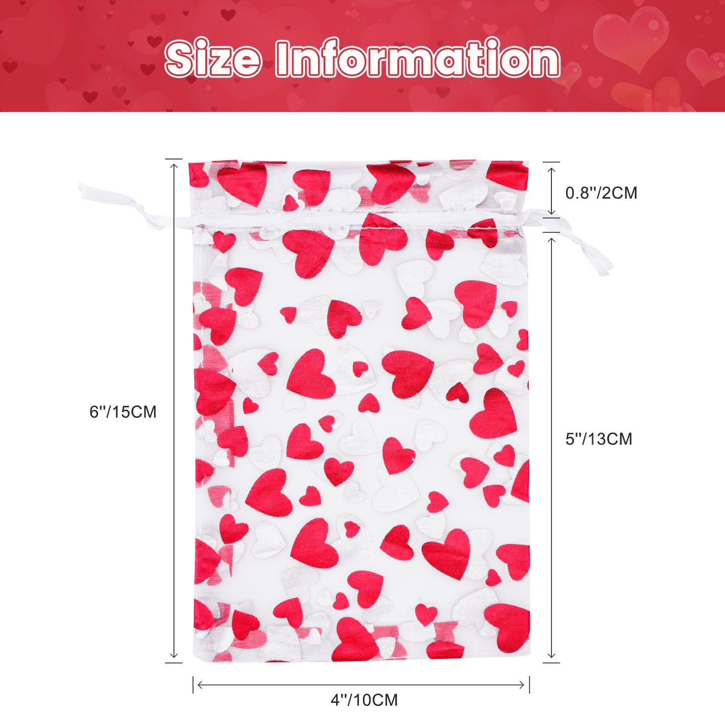G2PLUS Heart Organza Bags, 4''x6'' Organza Gift Bags, 50PCS Drawstring Sheer Organza Gift Bags, Organza Mesh Jewelry Pouches, Candy Bags for Easter, Mother's Day, Wedding Party Favors (White Red)