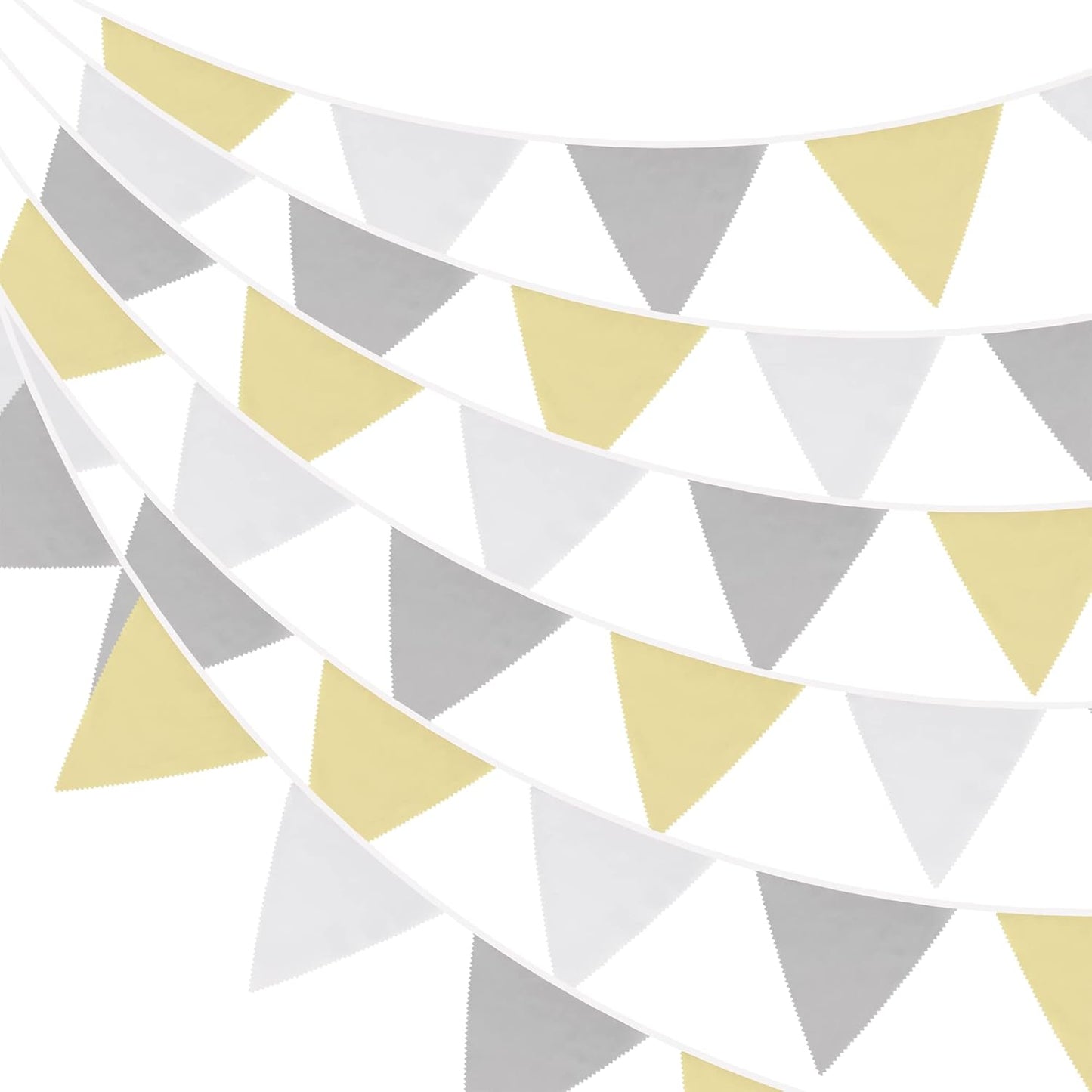 G2PLUS 12M Large Fabric Bunting Banner, 19x21CM Reusable Cotton Triangle Flag Garland with 42PCS Yellow Grey and White Pennants for Garden Tea Wedding Baby Shower Birthday Parties