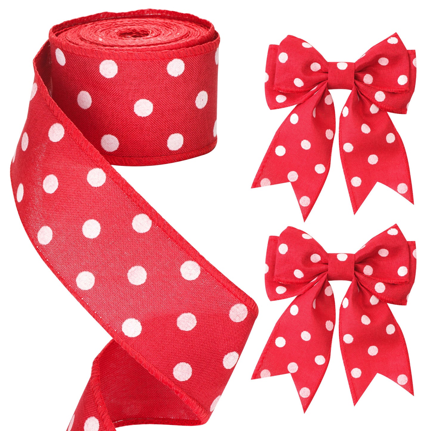 G2PLUS 63mm Wired Burlap Ribbon, 10M Christmas Wired Ribbon for Wreaths, Christmas Ribbon for Gift Wrapping, Red Ribbon with White Dots for Bows and Christmas Wreaths Project