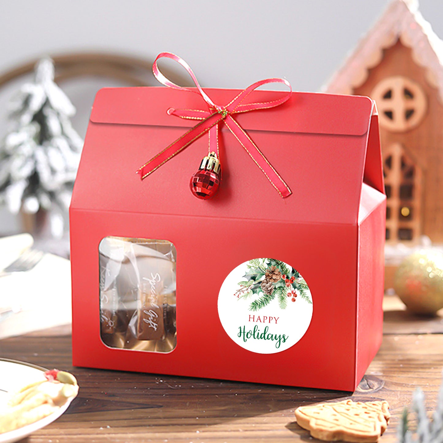 G2PLUS Happy Holiday Stickers, 120PCS Christmas Holiday Stickers, 2'' Round Holiday Gift Stickers, Holiday Season Gift Tag Stickers, Xmas Holly Berry Labels Winter Holiday Seasonal Envelope Seals