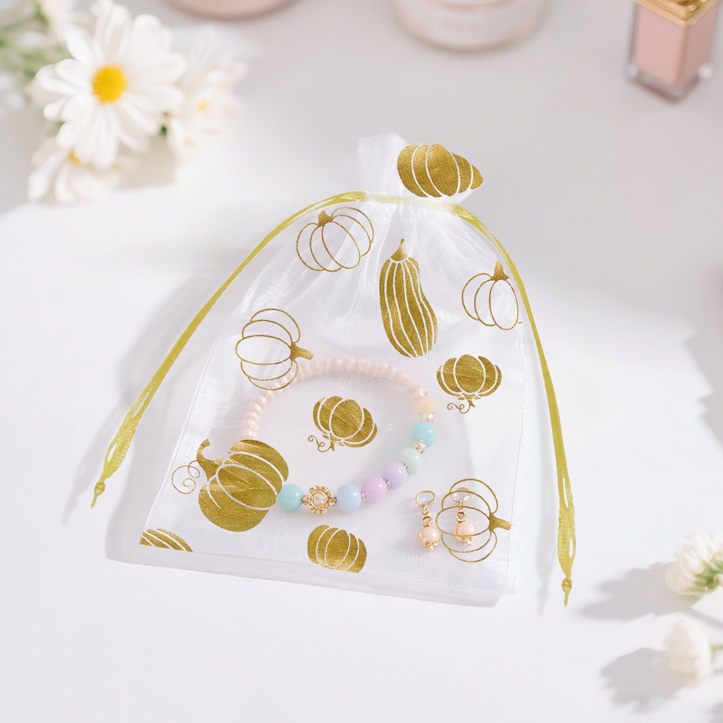 G2PLUS 50Pcs Fall Drawstring Organza Bags 4x6 In - Thanksgiving Organza Bags, White Sheer Mesh Pouches, Gold Pumpkin Candy Treat Bag for Wedding, Baby Shower, Autumn Holiday Party Favors