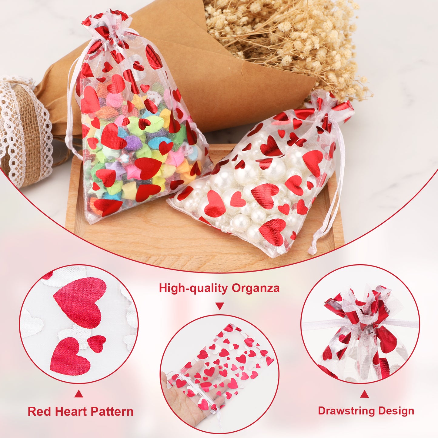 G2PLUS Heart Organza Bags, 4''x6'' Organza Gift Bags, 50PCS Drawstring Sheer Organza Gift Bags, Organza Mesh Jewelry Pouches, Candy Bags for Easter, Mother's Day, Wedding Party Favors (White Red)