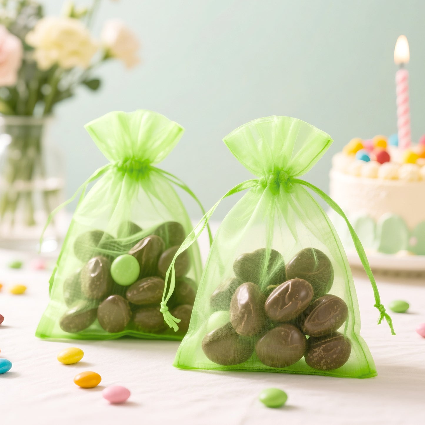 G2PLUS 25PCS Drawsring Organza Bags 5x7 inches - Light Green Organza Gift Bag, Sheer Mesh Pouches for Candy, Jewelry, Fruits, Wedding Party Favors