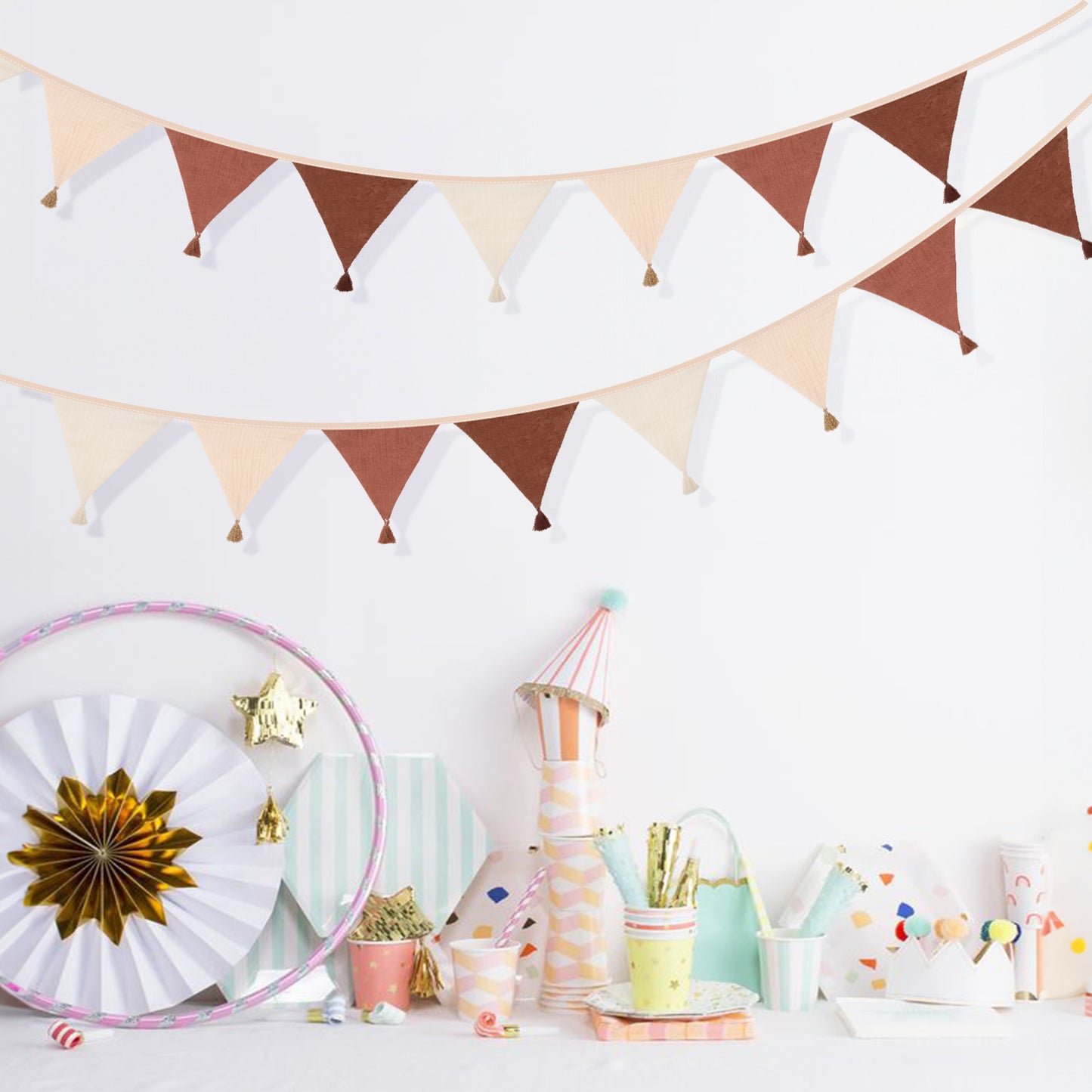 G2PLUS Cotton Fabric Bunting Banner, 9Ft Khaki Triangle Pennant Banner Flag, 12pcs Double-Sided Bunting Garland with Tassels for Birthday Party, Wedding, Holiday, Classroom Hanging Decor