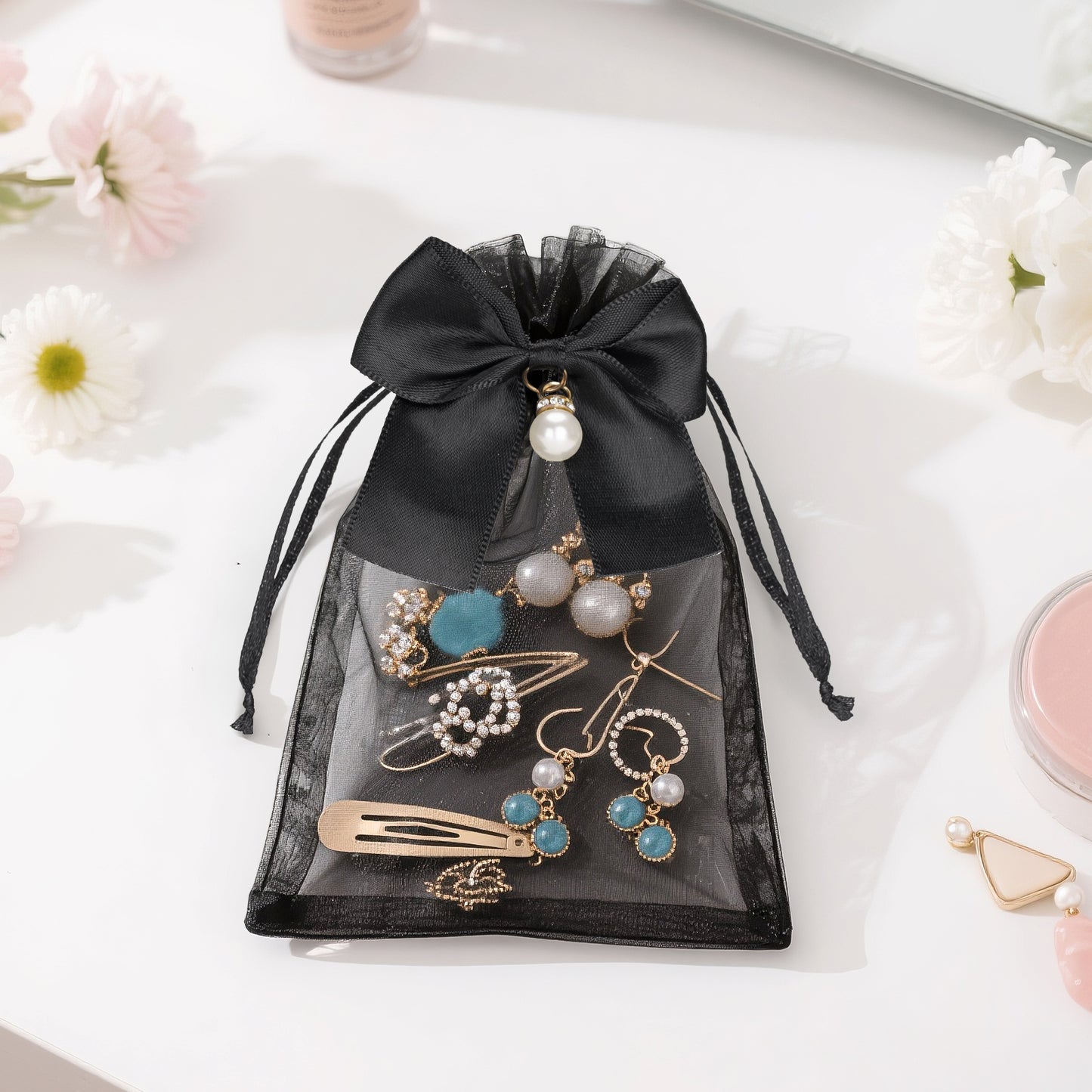 G2PLUS 30Pcs Organza Bags with Bow-4x6 In Black Wedding Favor Bags, Sheer Mesh Jewelry Pouches with Drawstring for Bridal Shower, Baby Shower, Valentine's Day Party Favors