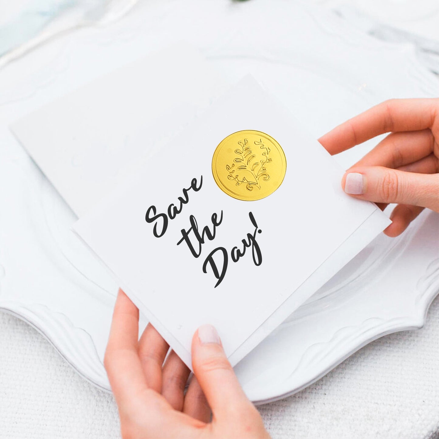 G2PLUS 300PCS Embossed Gold Foil Stickers, Gold Embossed Wax Seal Sticker Looking, 5 Styles Gold Embossed Plants Floral Envelope Seals Stickers for Wedding, Birthday, Baby Shower Party Favors