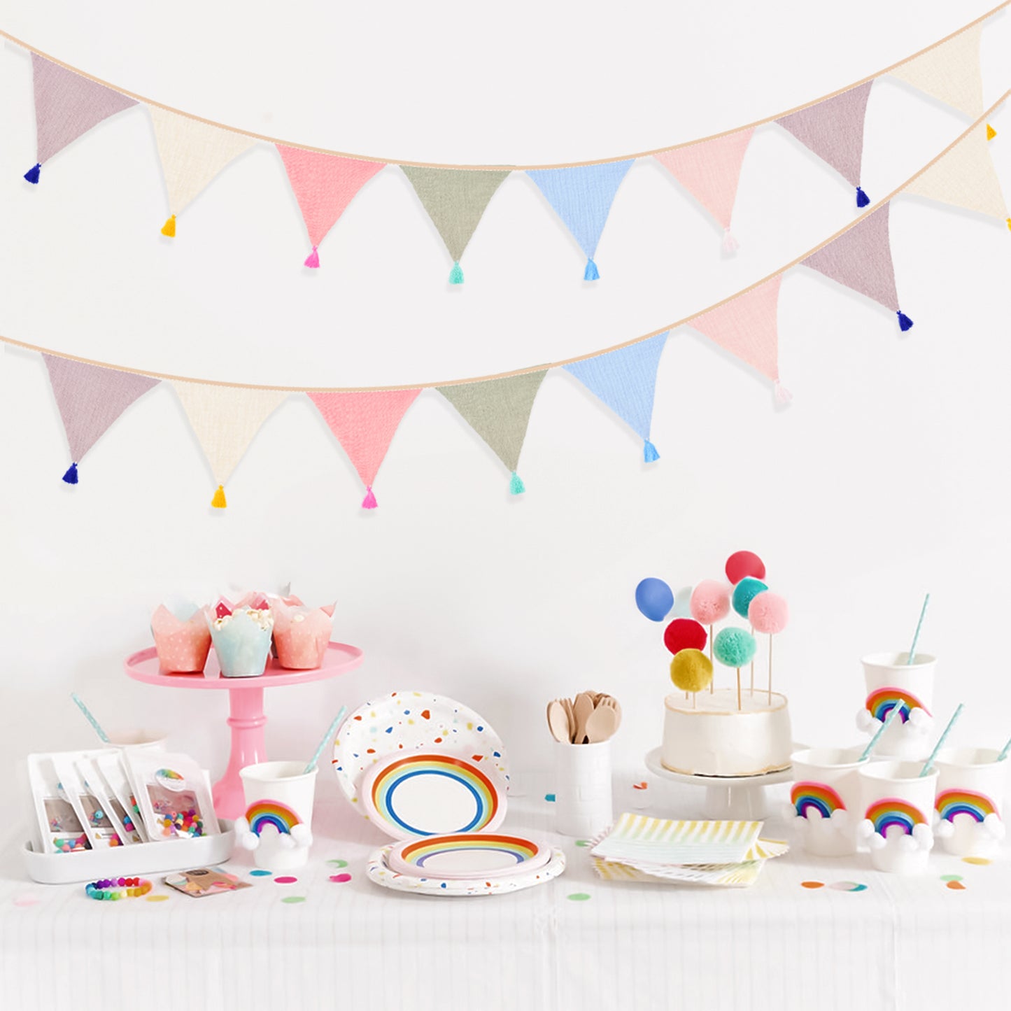 Pre-strung Cotton Fabric Bunting Banner, 9Ft Morandi Triangle Pennant Banner Flag, Double-Sided Bunting Garland with Tassels for Birthday, Nursery, Baby Shower, Classroom Hanging Decor