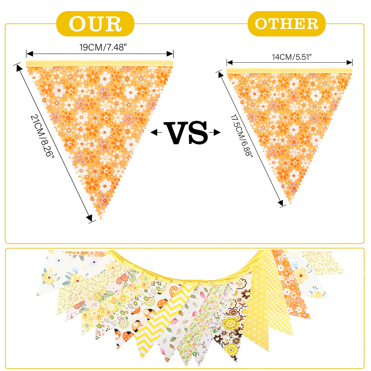 G2PLUS Yellow Triangle Bunting Banner, 39Ft Cotton Pennant Banner, 42pcs Reusable Fabric Triangle Flags Party Decoration for Birthday, Wedding, Baby Shower, Room Decor