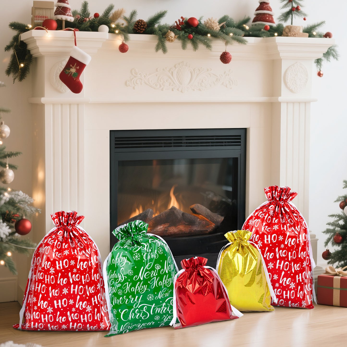 G2PLUS 20PCS Christmas Drawstring Gift Bags Assorted Sizes - 4 Designs Aluminum Foil Christmas Bags with Ribbon, Present Wrapping Pouches for Packages, Holidays, Birthday Party