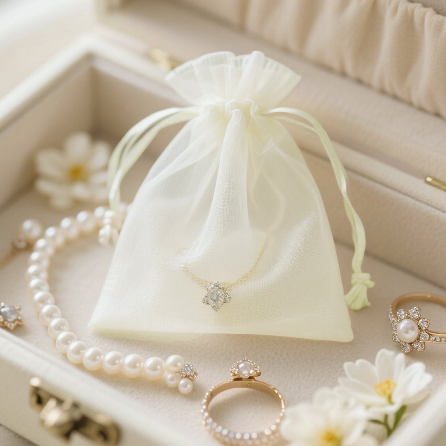 G2PLUS 25PCS Drawstring Organza Bags 5x7 inches - Ivory Organza Gift Bags, Sheer Mesh Pouches for Candy, Jewelry, Baby Shower, Wedding Party Favors