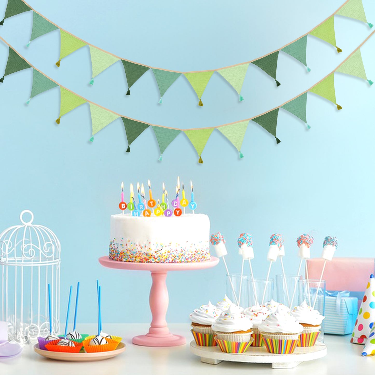G2PLUS Cotton Fabric Bunting Banner, 9Ft Green Triangle Pennant Banner Flag, 12pcs Double-Sided Bunting Garland with Tassels for Birthday Party, Wedding, Holiday, Classroom Hanging Decor