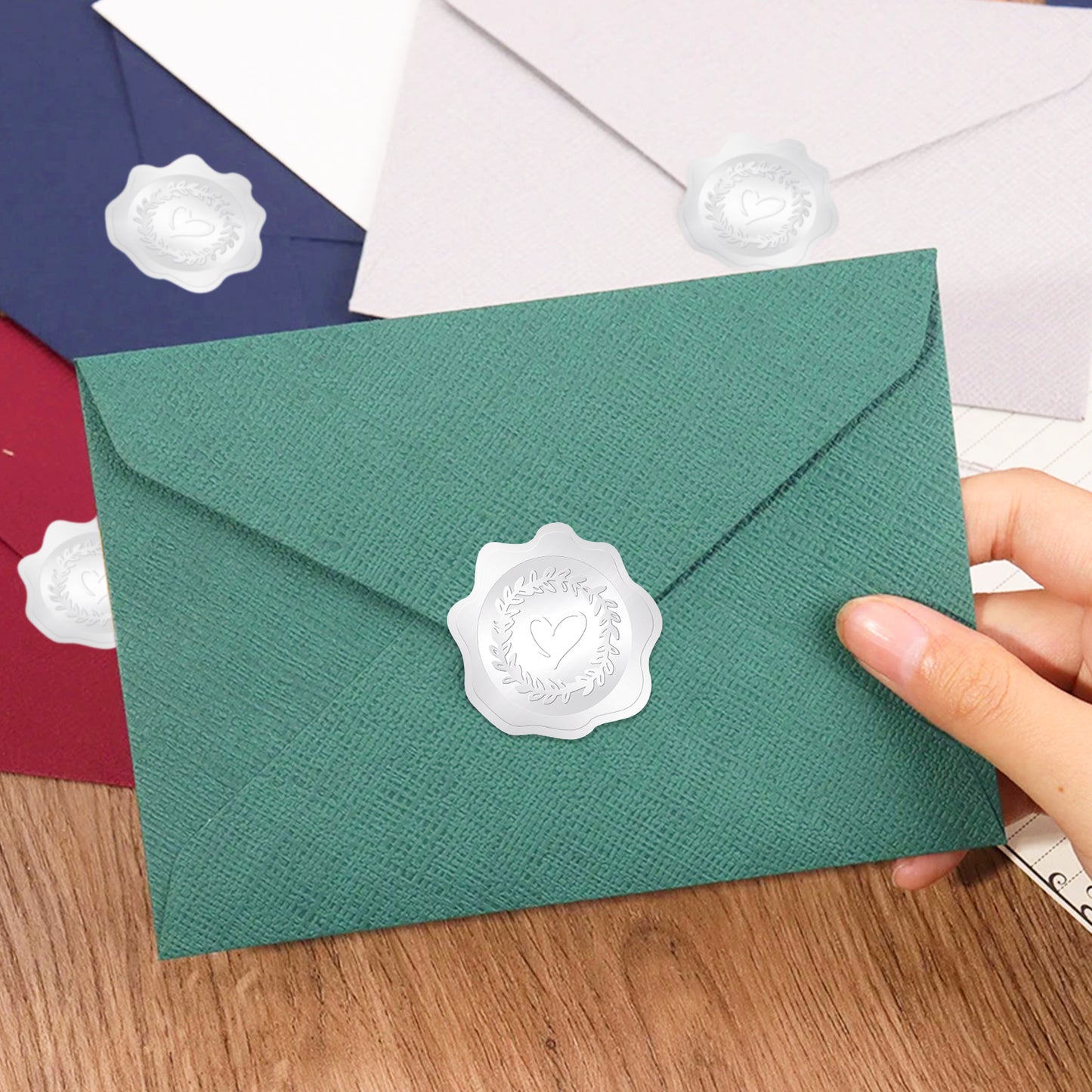 G2PLUS 300PCS Silver Embossed Stickers, Heart Envelope Seals Stickers, Silver Embossed Wax Seal Looking Heart Envelope Seals, Silver Foil Heart and Garland Stickers for Wedding, Birthday Party Favors