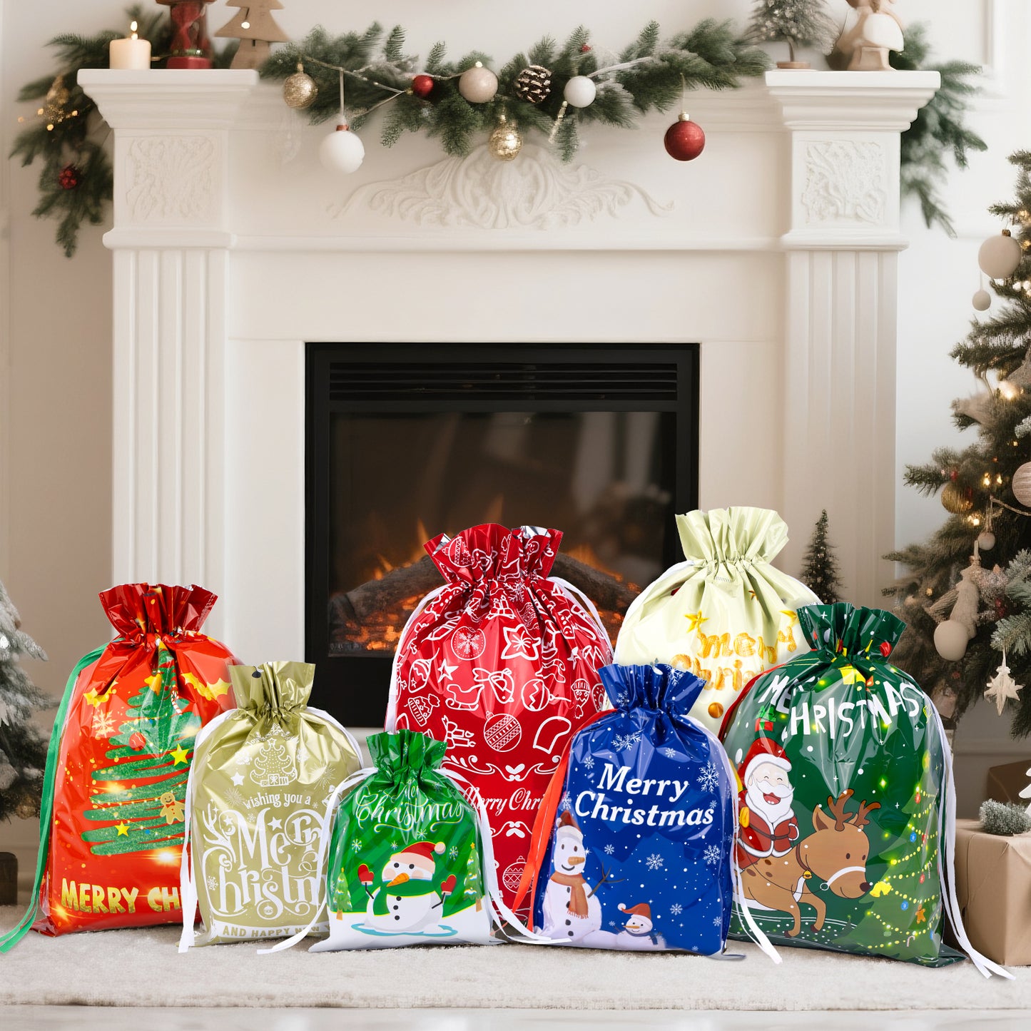 G2PLUS 20PCS Christmas Drawstring Gift Bags Assorted Sizes - 8 Designs Christmas Aluminum Foil Bags with Ribbon, Present Wrapping Pouches for Packages, Holidays, Birthday, Xmas Party Favors