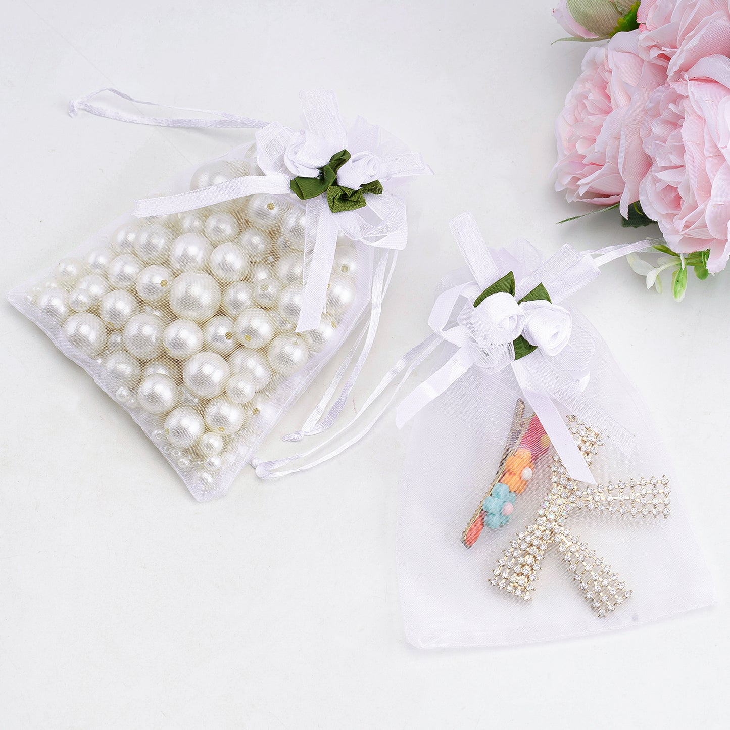 G2PLUS 30Pcs Rose Organza Bags 4x6 Inch-White Wedding Favor Bags, Jewelry Pouches with Drawstring for Bridal Shower, Baby Shower, Valentine's Day Party Favors